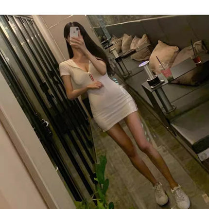 2024 Spice Girls Summer New Sexy Figure Hooded Tight Low-cut V-neck Hip Short-sleeved dress Women