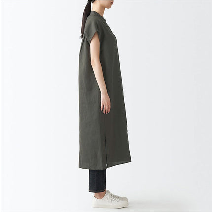 Japanese Style Linen Washed French Sleeve Dress with Vertical Collar Short Sleeve Thin Coat Long Large Size Cardigan Loose Clothes for Spring and Summer