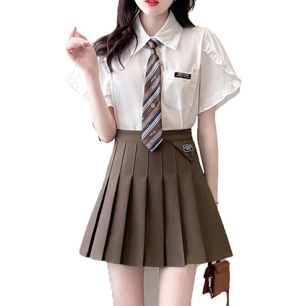 JK British Academy Style Set 2023 Fresh Age-reducing Little Man Wood-ear Tie Shirt Pleated Skirt Two-piece Set