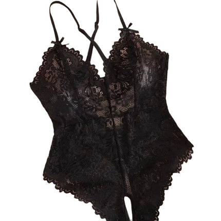 New European and American plus size sexy underwear perspective sexy lace open crotch halter bow conjoined underwear