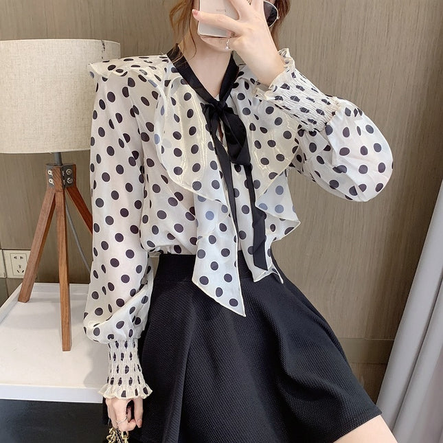 2025 Design Style Led Lotus Leaf Chiffon Shirt Lantern Sleeve Western Style Retro Wave Dot Niche Shirt Women's Early Spring Wear