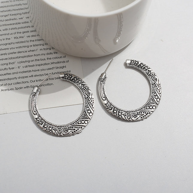 European and American exaggerated retro big earrings simple temperament popular geometric alloy Xizang pattern carved C- shaped ear studs earrings for women