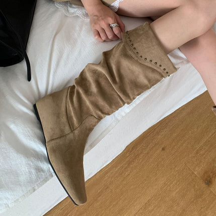 Sheepskin Version ~ French Niche Pointed Toe Wedge Heel Pile Boots Western Cowboy Boots for Women 2025 High Boots Slim Short Boots