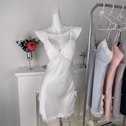 French-Style High-End Ice Silk Camisole Nightdress for Women, Summer Lace with Chest Pad, Sexy Sleepwear, Pure Desire Style Set, Loungewear