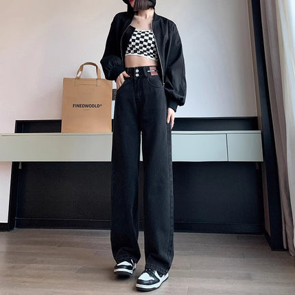 Black Grey fleece-lined Wide Leg Jeans Women's Autumn and Winter Trendy All-match New High Waist Loose Slimming Straight Pants