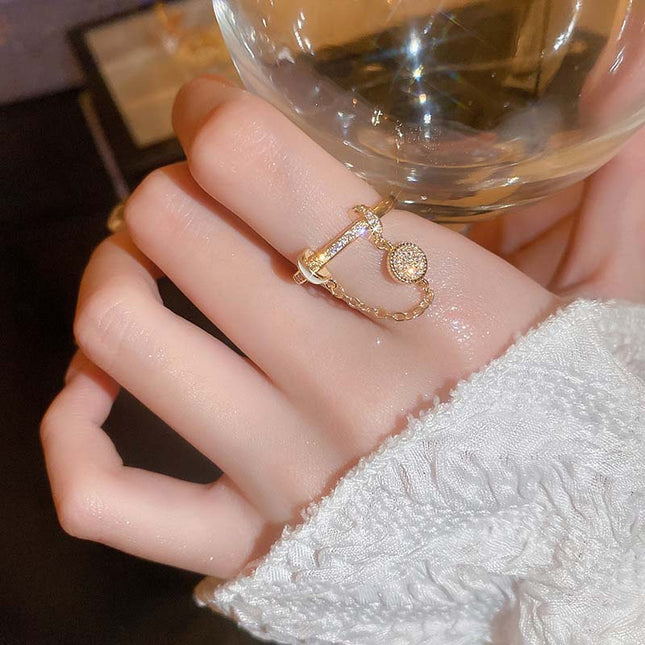 Zircon Diamond Round Chain Tassel Real Gold-plated Ring Niche Light Luxury High-end All-match Open Finger Ring