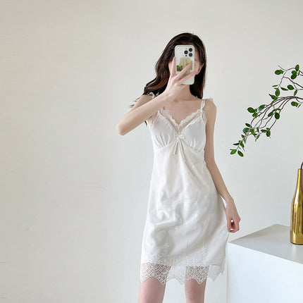 New Sexy Slip Skirt Nightgown Two-piece Ice Silk Pajamas Women's Summer Spring and Autumn Thin Lace Nightgown Home Clothes