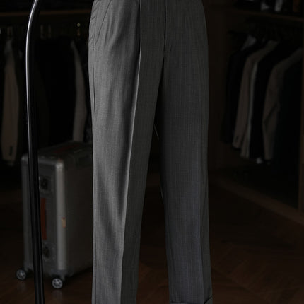 [Ruishen Apparel] Wool Blend Single-Pleat Striped Dress Pants for Business and Commuting, Slim Fit Naples Casual Trousers