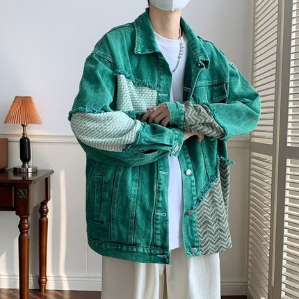 Green Denim Jacket Men's Autumn 2024 New American Style Patchwork Design Sense Niche Loose Jacket Top