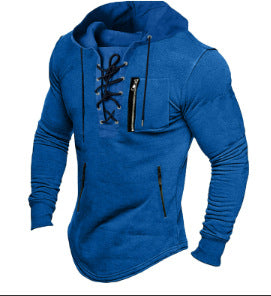 2025 Men's Spring and Autumn Hoodie Solid Color Lace-Up Zipper Pocket Sports Streetwear Hooded Sweatshirt