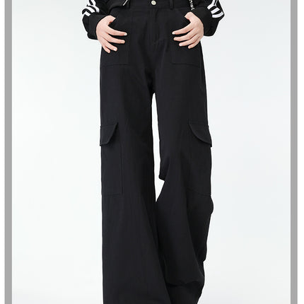 Loose Casual Overalls Women's New Design Sense High Waist Slimming Pocket Workwear Wide Leg American Style Retro Mop Pants