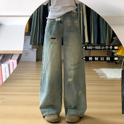 American Retro Ripped Wide-Leg Jeans for Women, Petite High-Waisted Loose Slimming Straight-Leg Floor-Length Pants Trendy