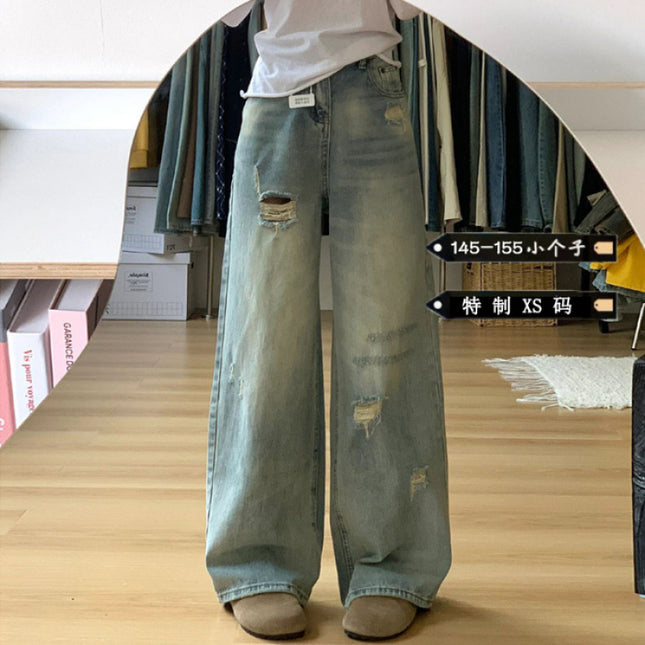 American Retro Ripped Wide-Leg Jeans for Women, Petite High-Waisted Loose Slimming Straight-Leg Floor-Length Pants Trendy
