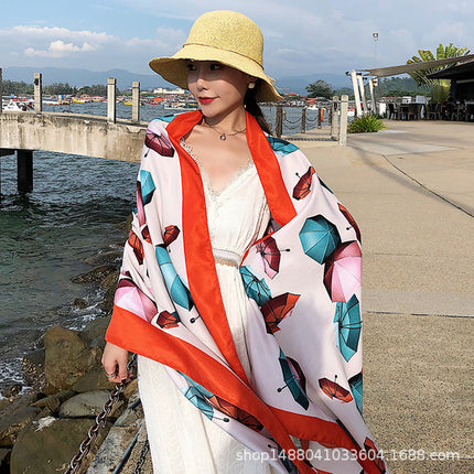 Ethnic Style Printed Silk Scarf Women's Seaside Travel Sun Protection Gauze Air Conditioning Warm Scarf Versatile Long Shawl