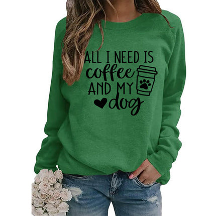 Foreign trade supply all I need is coffee printed crew neck top sweater European size ladies coat long sleeve