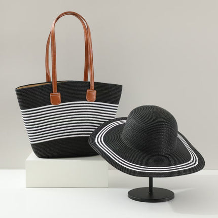 Ready Supply of Large-Capacity Straw Bag Set, Large-Brimmed Sunshade Straw Hat, Single-Striped One-Shoulder Woven Beach Bag for Women, Trendy