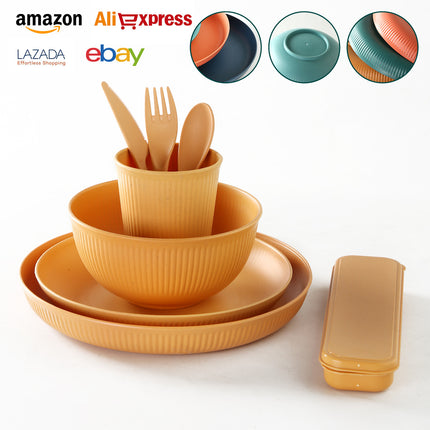 Amazon Special Wheat Straw Household Plastic Dinner Plate Round Rice Bowl Cup Spoon Fork Tableware Gift 16 Pieces suit