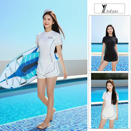 Sports Style 2025 Split Solid Color Suit Swimsuit Women's Short-Sleeved Quick-Drying High-End Slimming Look Hot Spring Vacation Swimsuit
