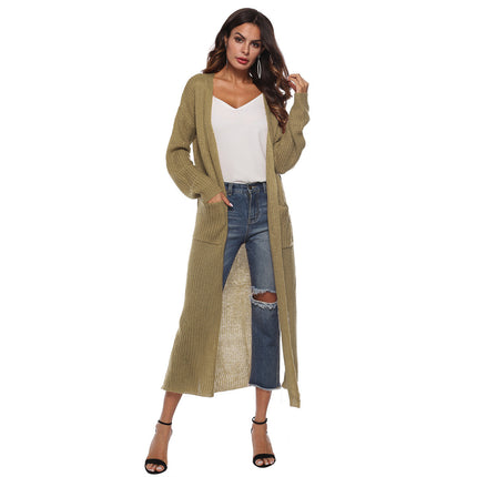 Mohair cardigan cross-border European and American wool cardigan autumn women's coat split large pocket thin coat long multicolor