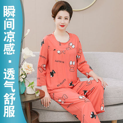 Women's Pajamas 2026 New Spring and Summer Cotton Silk Pullover Long-Sleeve Cool Thin Round-Neck for Middle-Aged and Elderly Mothers