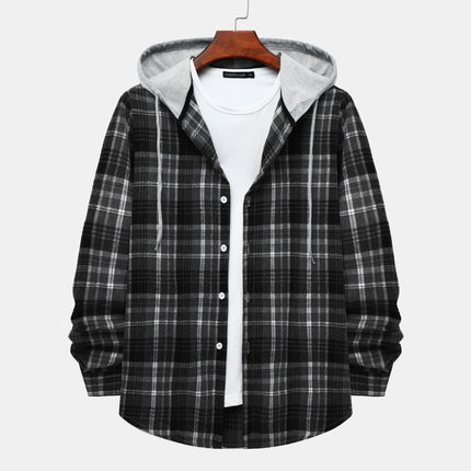Cross-border Hooded Plaid Shirt Men's 2024 Foreign Trade Autumn Harajuku Style Plaid Hooded Shirt Men's Hong Kong Style Casual Shirt