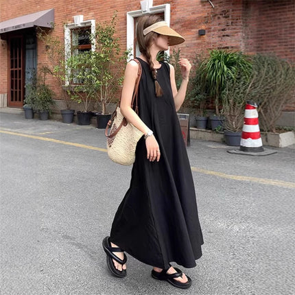 Design Sense Niche Back Hollow Sleeveless dress Women's New Summer Loose Crewneck Mid-length Vest Skirt