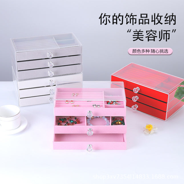 Cross-Border Popular Storage Box Three-Layer Velvet Dust-Proof Drawer-Type Jewelry Box Necklace Earrings Earrings Ring Storage Box