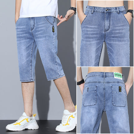 Men's Loose Straight Denim Shorts Summer Thin Cropped Pants Korean Style Trendy Slim Fit Stretch Casual 7-Point Pants