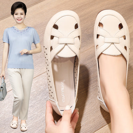 Mom's Shoes, Single Shoes, Leather Shoes for Middle-Aged and Elderly People, Hollowed Out, Soft-Soled, Comfortable, Breathable, Non-Tiring, Summer Non-Slip Sandals for Women