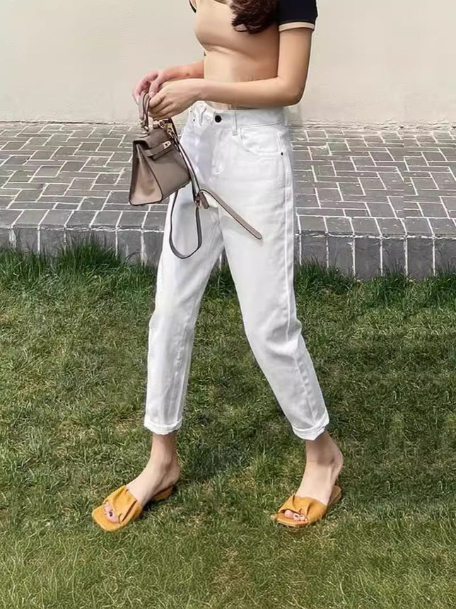 White Small High Waist Jeans Women's Pear Figure 2024 Summer Thin New Loose Cropped Harem Pants