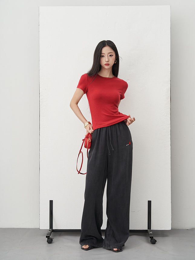 DTWO spring and summer new original design thirteen lines of lace-up elastic drape full mop pants pants 5105289
