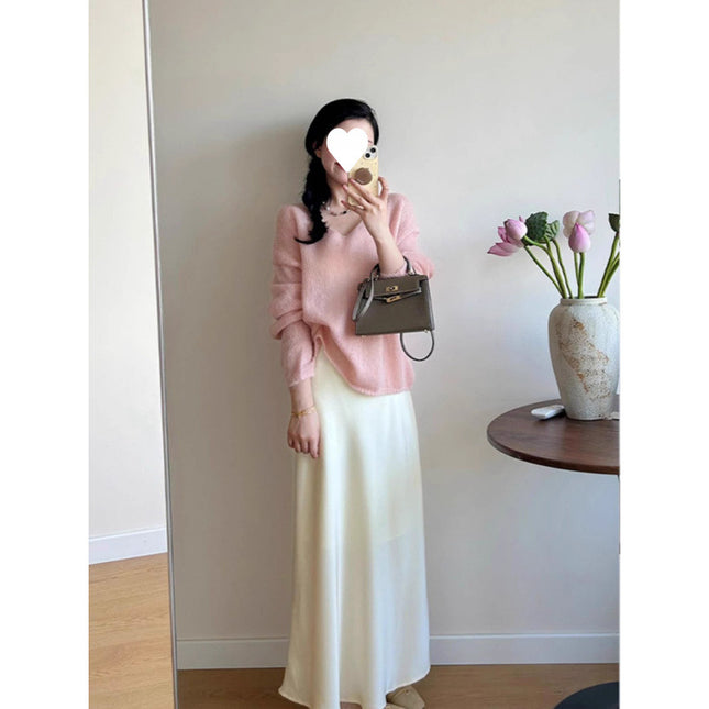 Korean Style Gentle Style Soft Waxy Pink V-neck Knitted Sweater 2024 Autumn New Style Salt Style Light Mature Elegant Long-sleeved Top