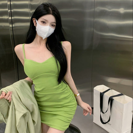 French Style Fresh Green Sling dress Women's Summer Figure-looking Mori Style Slim-fit Sexy High-end Hip Skirt