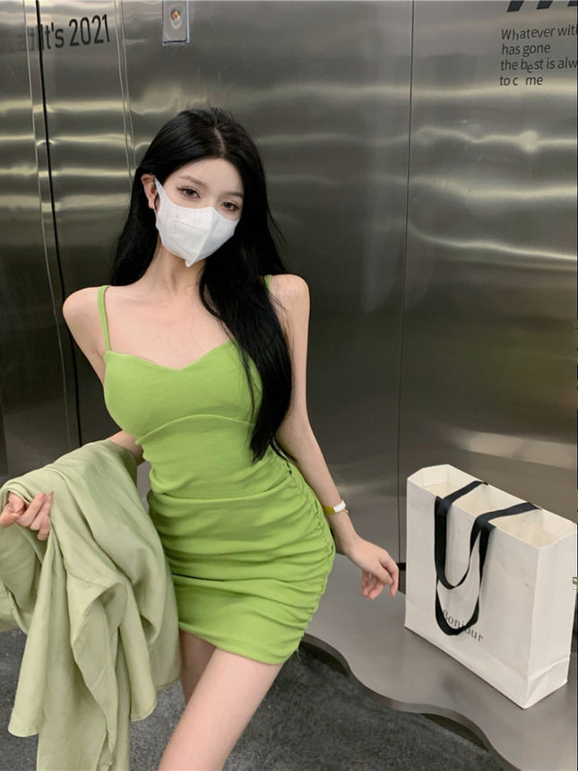 French Style Fresh Green Sling dress Women's Summer Figure-looking Mori Style Slim-fit Sexy High-end Hip Skirt