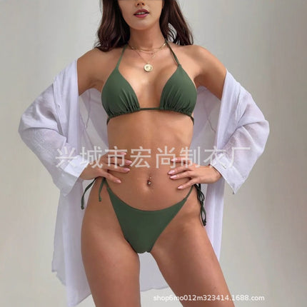 2025 Advanced Multicolor Bikini Foreign Trade Swimwear European and American in stock Solid Color Bikini Triangle Swimsuit Russia