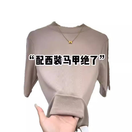 Half Turtleneck Mid-Sleeve T-Shirt for Women Spring & Fall New Suit with Bottoming Shirt Slimming Look Elastic Versatile Three-Quarter Sleeve Top