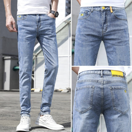 2025 Summer Light Blue Ripped Jeans Men's Slim Fit Korean Style Versatile Scratched Stretch Long Pants