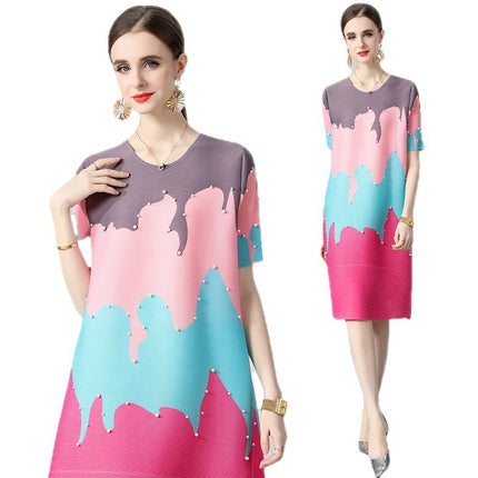 Miyake Pleated 2 Color Optional Contrast Ice-cream Printed Beaded dress Sweet Slimming Women's Crewneck A- Line Skirt