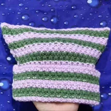New Cross-border Foreign Trade Striped Deviruchi Knitted Hat Autumn and Winter Ear Protection Warm Face Hair Ball Small Wool Hat