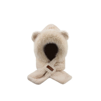 Cute Bear Plush Hat and Scarf Set for Women, Autumn and Winter Thickened Warm Cycling Cold-Proof Ear Protection Lei Feng Hat