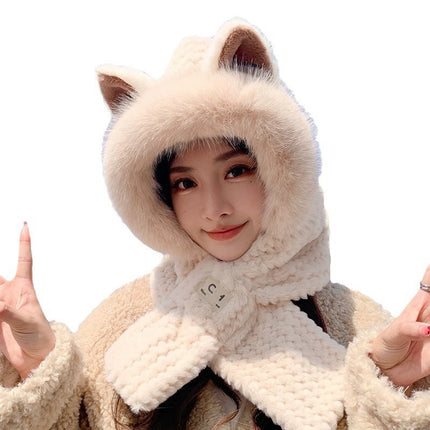 Women's Winter Cute Fox Ears Stuffed Hat Thickened Warm Cold-Proof Ear Protection Hat Scarf One Two-Piece Set