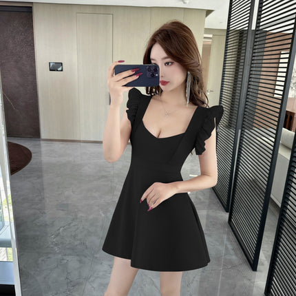 Real shot 8906 sexy A- word dress low-cut flying sleeve fashion temperament waist big swing foot bath technician work clothes