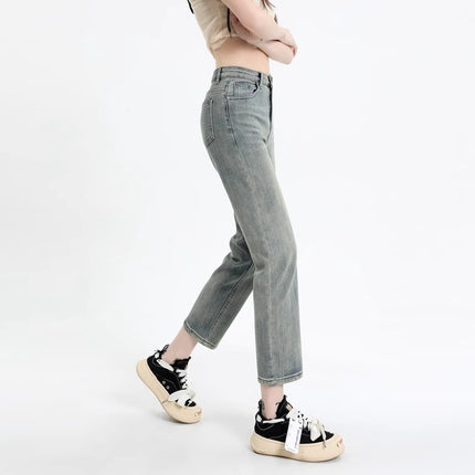 Nostalgic Retro Straight-Leg Jeans Women's Trendy All-Match High-Waist Slimming Old-Fit Cropped Smoke Pipe and French Stick Pants