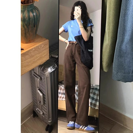Brown Narrow Wide Leg Jeans Women's Trendy All-match New American Style Retro High Waist Loose Straight Long Pants