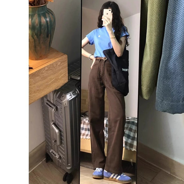 Brown Narrow Wide Leg Jeans Women's Trendy All-match New American Style Retro High Waist Loose Straight Long Pants