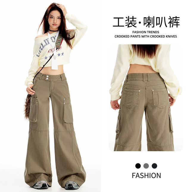 Raccoon House # European and American Cross-Border Low-Waist Slightly Spicy Beaded Double-Button Work Jeans for Hot Girls with Drapey Floor-Length Bell-Bottom Pants