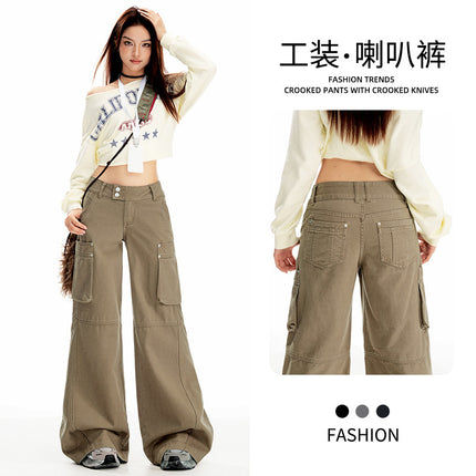 Raccoon House # European and American Cross-Border Low-Waist Slightly Spicy Beaded Double-Button Work Jeans for Hot Girls with Drapey Floor-Length Bell-Bottom Pants