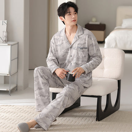 [40-Count Lycra Cotton] Men's Spring and Autumn Long-Sleeve Pure Cotton Large Size Pajamas, Suitable for Home Wear and Can Be Worn Outside