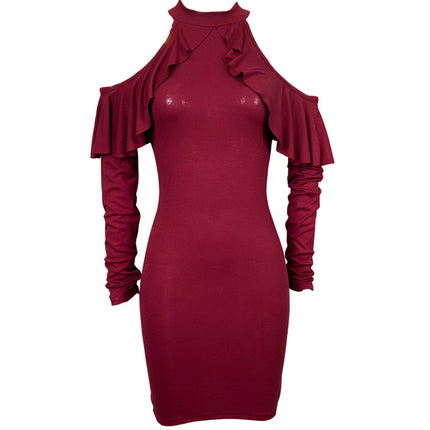 South Korea Dongdaemun New Retro wine red ~ Sexy Feminine Shoulder Ruffled Hip dress st