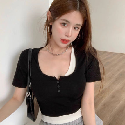 92% Rayon 8% Spandex Summer New Style Spicy Girl Fake Two-Piece Short-Sleeve T-Shirt for Women, Niche Slim Fit Bm Short Crop Top